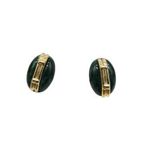 Vintage Green Acylic Gold-Tone Clip-On Earrings Oval Design 1980s